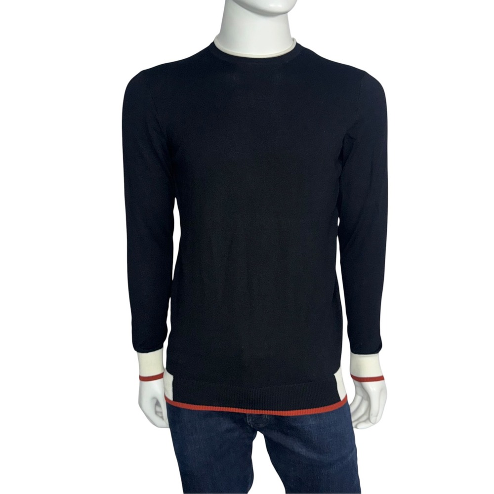 Over/D Silk Touch Black Crewneck Sweater Italian Design Contrast Trim Mens L